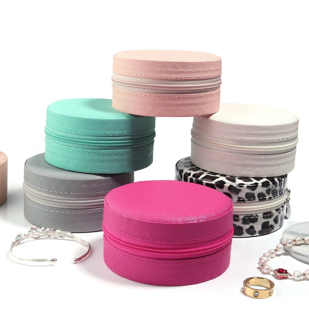 1 Pc PU Leather Jewelry Box Round Jewelry Organizer Case Multicolor Portable Necklace Earrings Rings Display Mini Storage Box
