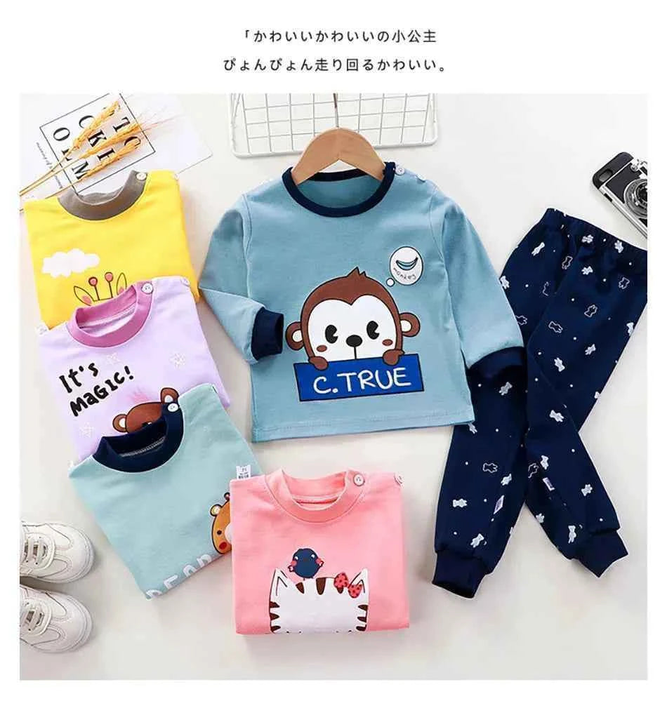 Spring Autumn Sleepwear Kids Comfort Cotton Pajamas Set Durable and Soft Unisex Cartoon Dinosaur for Boy Girl Children Clothes