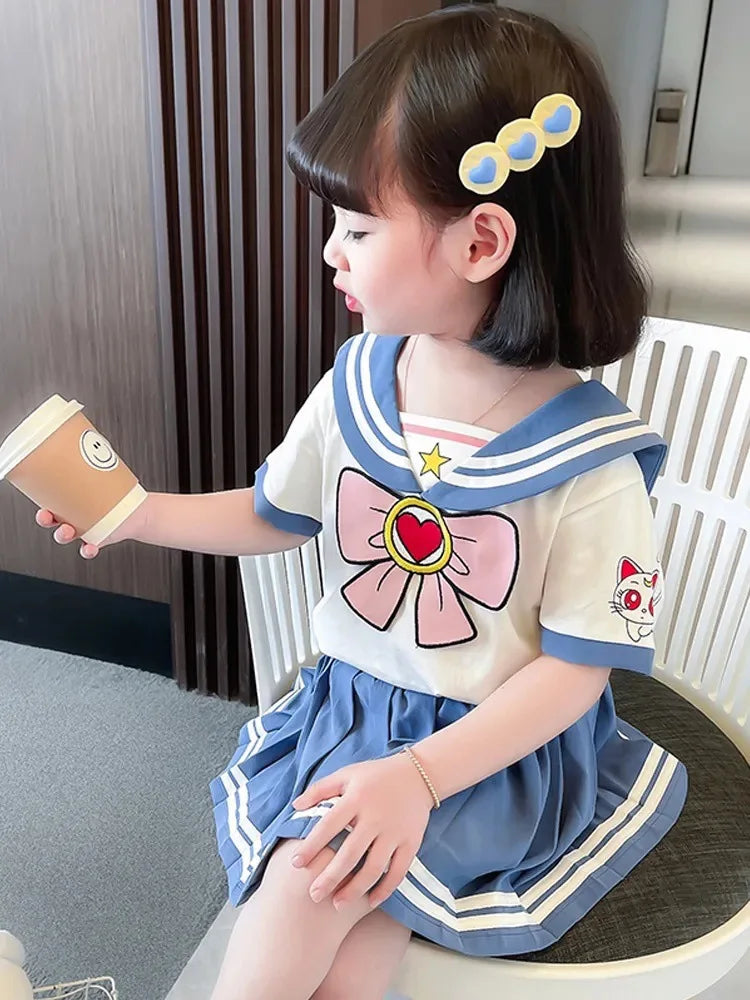 Baby Girls Clothes Sets Summer Bow Striped Tops Pleated Skirts Suits Cute Sailor Moon Cosplay Party Custume Children Clothes Set