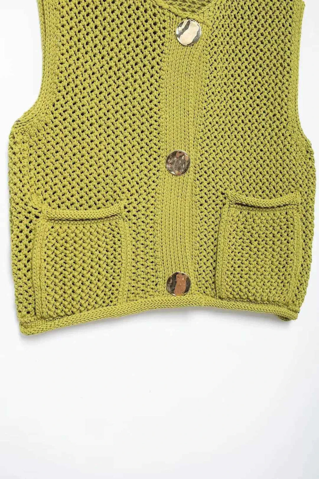 Women Fashion Sleeveless Coarse Needle Knitting Vest Sweater Female Chic Big Pockets Patch Buttons Cardigan Waistcoat Tops