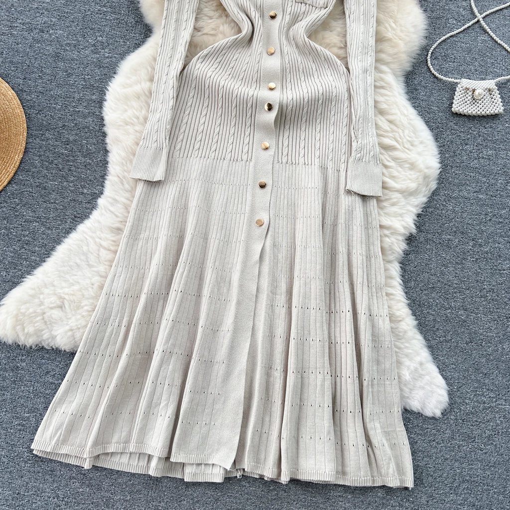 SINGREINY Autumn Winter Wear Dress Women Polo Single Breasted Pocket Design Bodycon Knitting Temperament Sweater Long Dresses