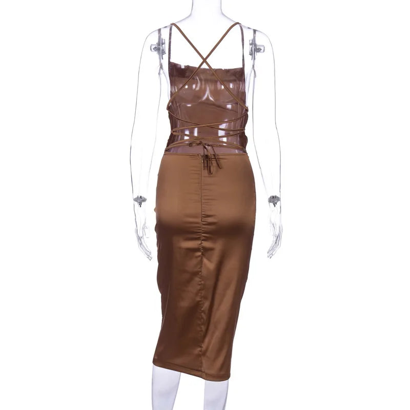 Sexy Slash Neck Back Cross Bandage Bodycon Dress Women Spaghetti Strap Solid Color Mid-calf Dress Elegant Club Party Vestidos