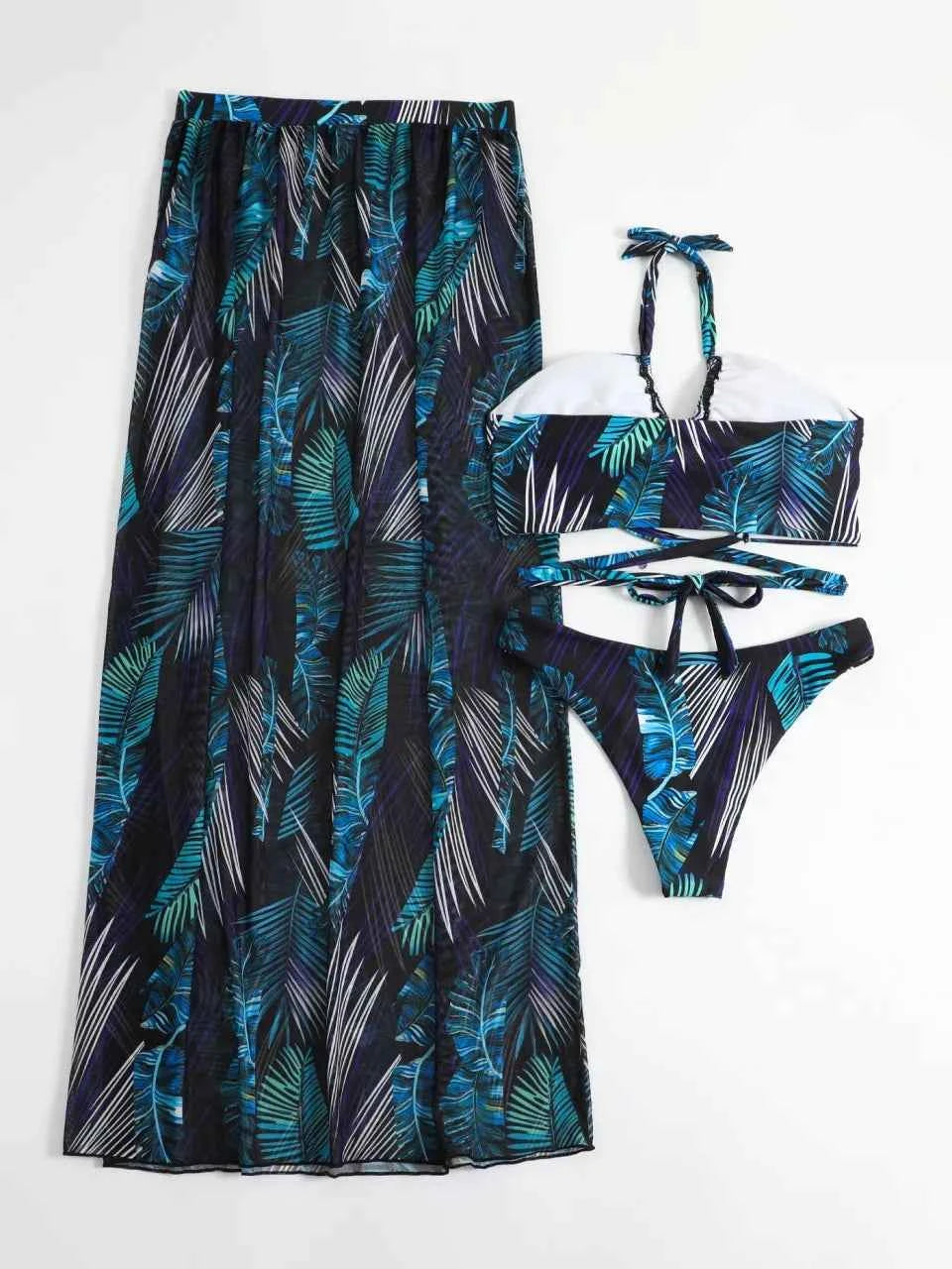 3 Pieces Print Cross Bikini 2025 Women Sexy Halter Swimsuit & Cover Up Beach Dress Swimwear Bathers Bathing Swimming Suit Summer