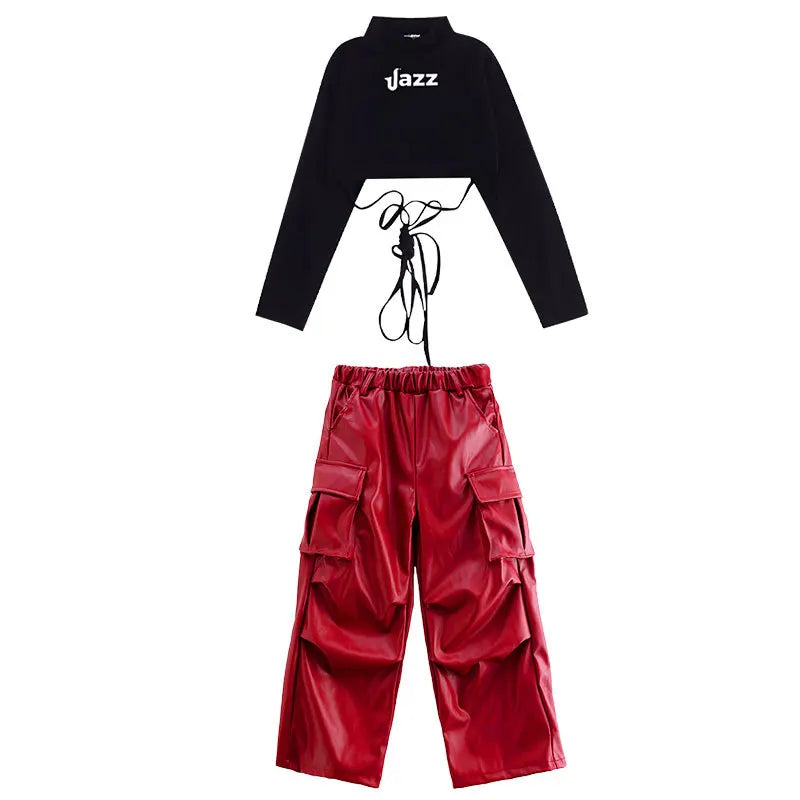 Kid Hip Hop Clothing T Shirt Crop Top Wine Red Arm Sleeve Faux Leather Casual Cargo Pants for Girl Jazz Dance Costumes Clothes