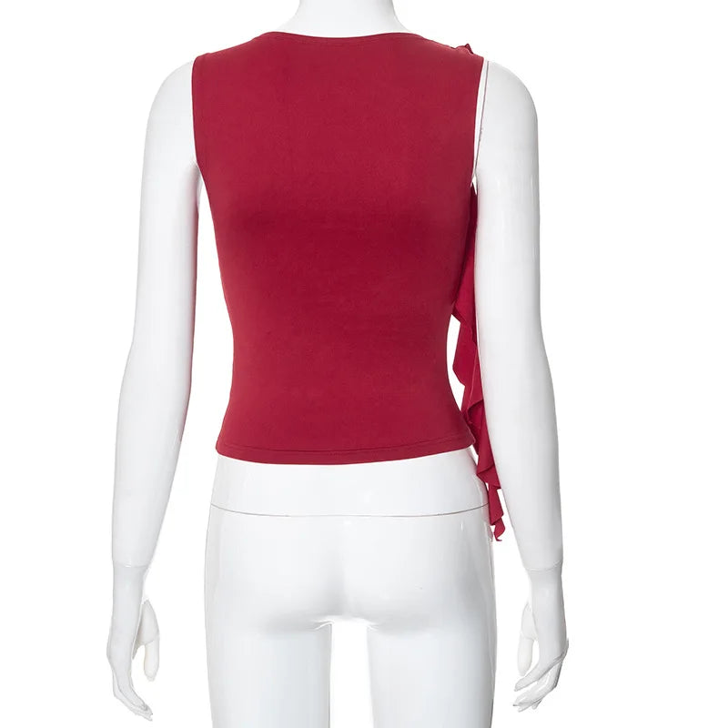 Summer Women'S Solid Color Vest Fluttering Tassel Sleeveless Slim Pullover Round Neck T-Shirt Casual Street Wear Y2K