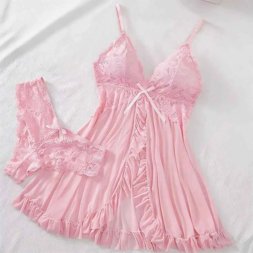 Sexy Lingerie Set Women Erotic Bra Nightdress Sexy Lace Sleepwear Solid Slim Soft Dresses V Neck Full Slip Sleepwear & Dresses