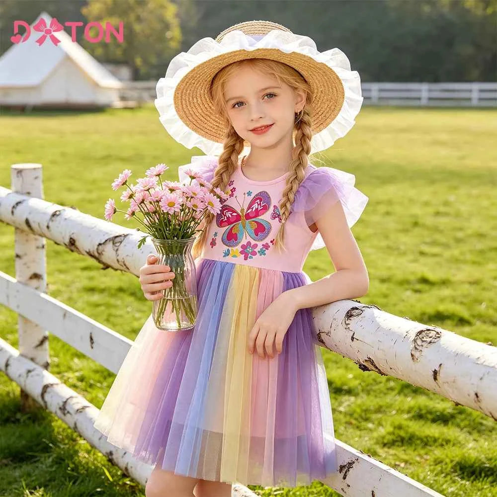 DXTON Ruffles Sleeveless Princess Dresses Mesh Elegant Kids Dress For Girls Butterfly Floral Summer Children Holiday Clothing