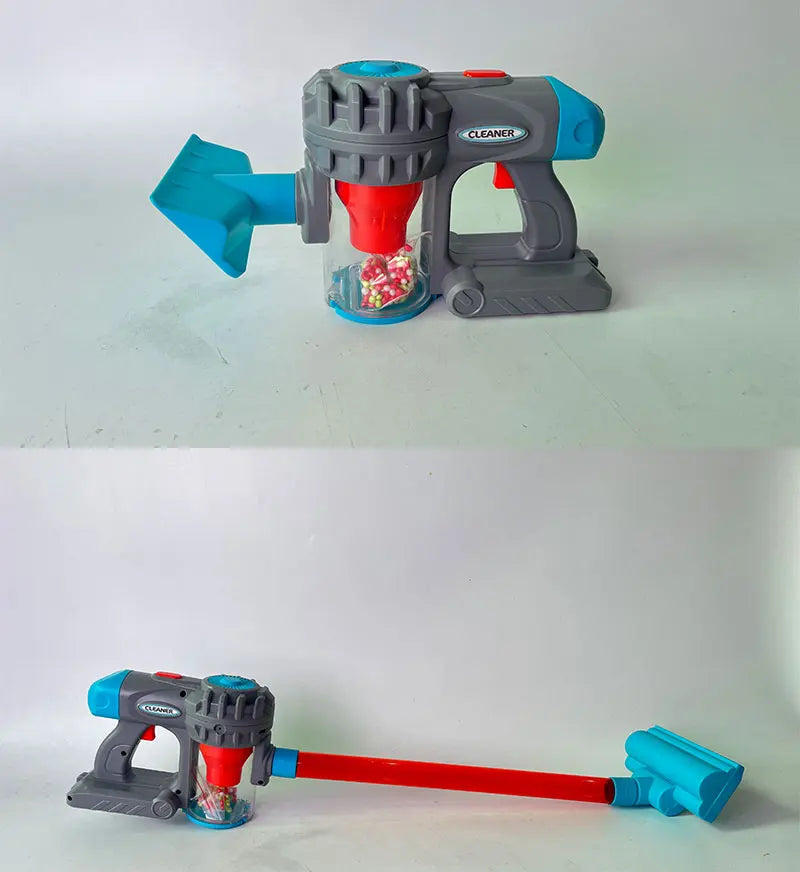 Kids 3-in-1 Toy Vacuum Cleaner – Light & Sound Stick/Handheld, Detachable Debris Bin, Cyclone Beads, 2 Attachments, Role-Play Ho