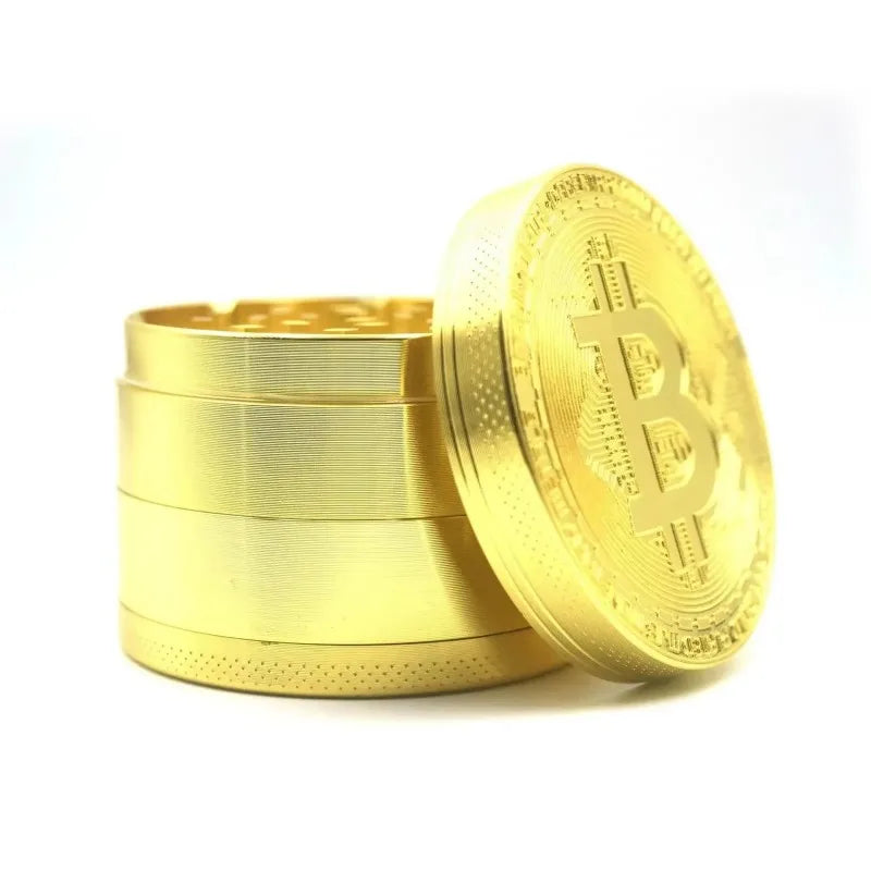 50mm Bitcoin Gold Herb Grinder 4-layer Spice Pepper Mill Mortar Metal Grass Tobacco Grinder Smoking Accessories Kitchen Tool