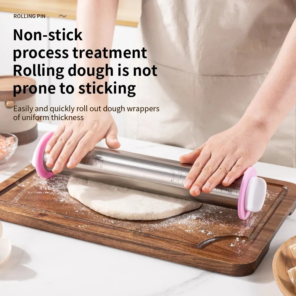 13.78 Inch Stainless Steel Adjustable Rolling Pin with 4 Thickness Removable Rings Dough Roller for Pizza Cookie Baking Tools.
