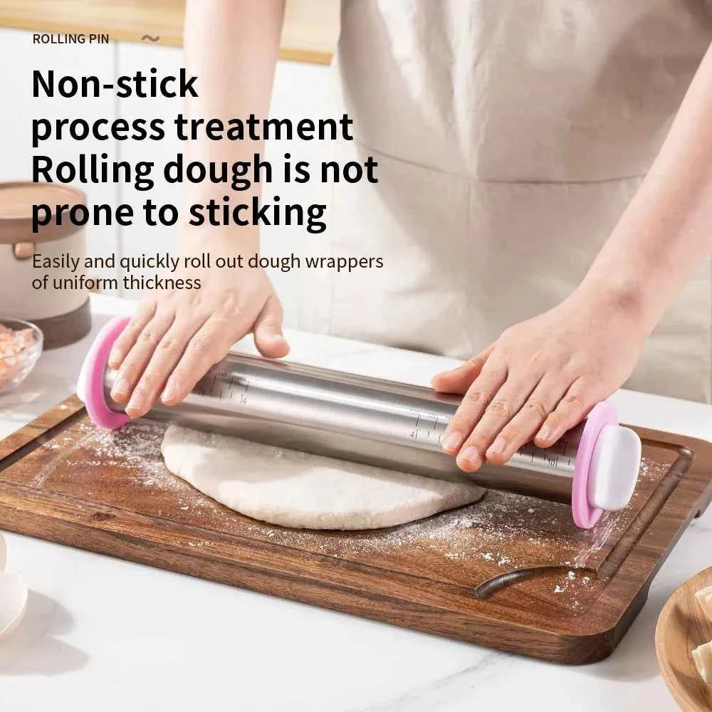 13.78 Inch Stainless Steel Adjustable Rolling Pin with 4 Thickness Removable Rings Dough Roller for Pizza Cookie Baking Tools.