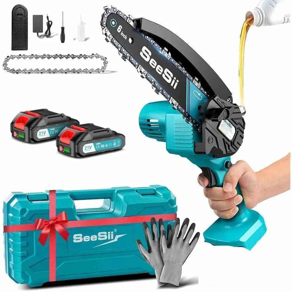 SEESII 6''Cordless Mini Chainsaw 15.2cm Electric Saw Rechargeable Woodworking Garden Pruning Saw for Makita 18V Battery pin