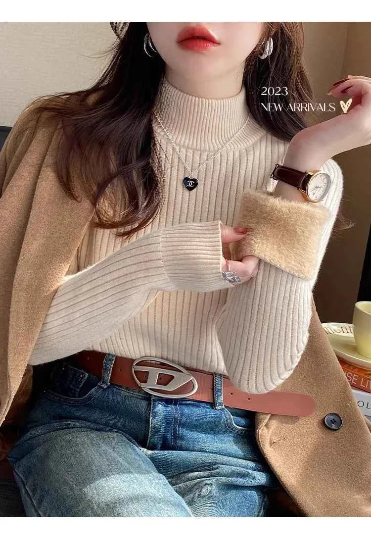 Sweater For Women Winter Thicken Turtleneck Slim Knit Pullover New Warm Plush Velvet Lined Knitwear Jumper Tops Casual Poleras