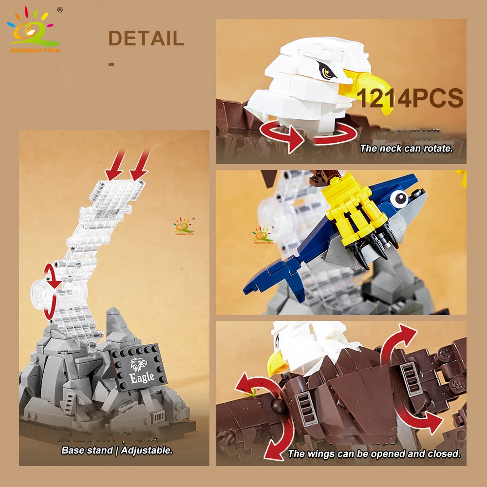 HUIQIBAO1214PCS Eagle Model Building Block MOC Falcon Animal Series Bricks Assembly Toy For Children DIY Home Desk Decoraction