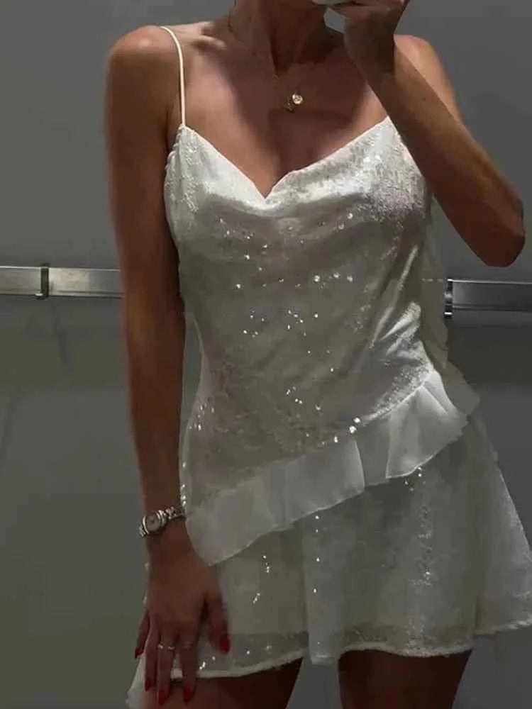 Glitter Flounce Mini Dress Woman Cinched Waist Sleeveless A-Line Halter Dresses Sexy Chic Women's Fashion Summer Short Dresses