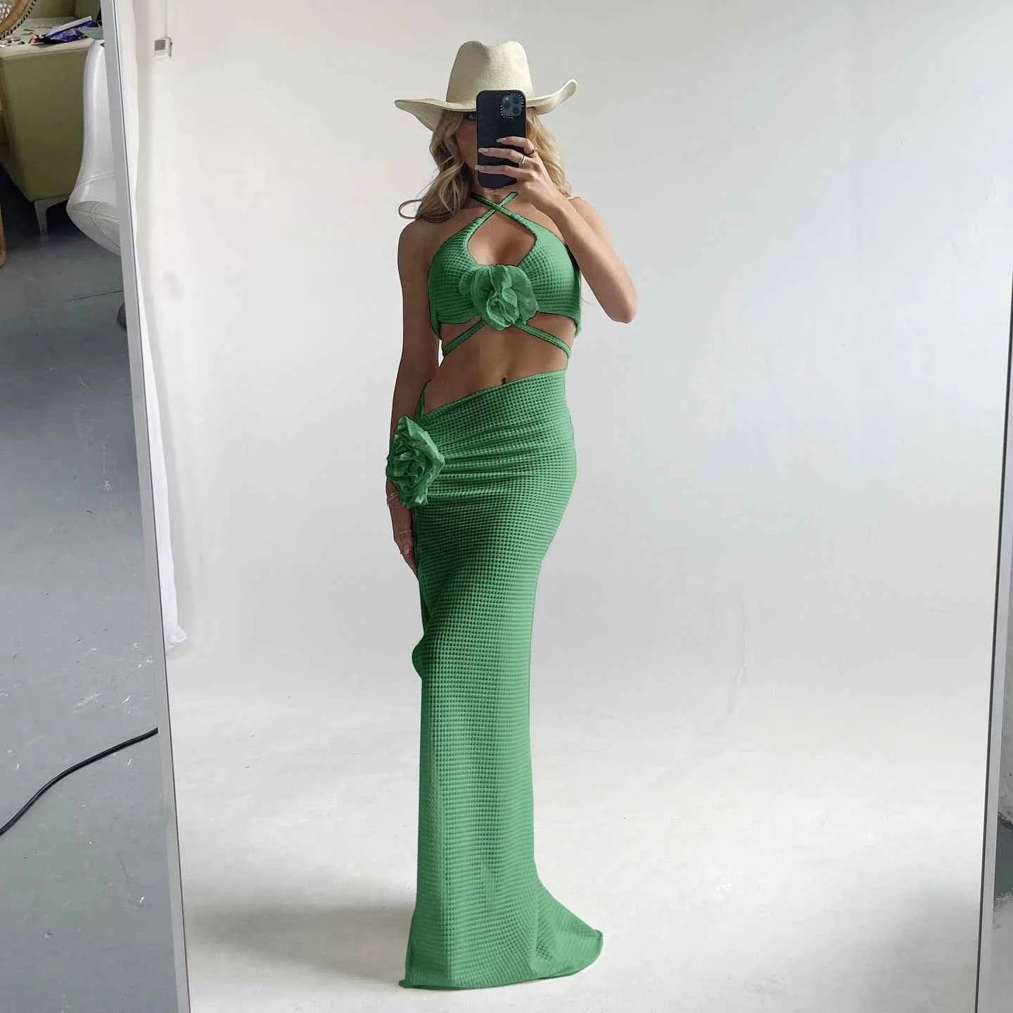 2025 3pack Bikini with Beach Skirt Swimwear Women 3D Flower Swimsuit Halter Bathing Suit Beachwear Bikini Set Biquini