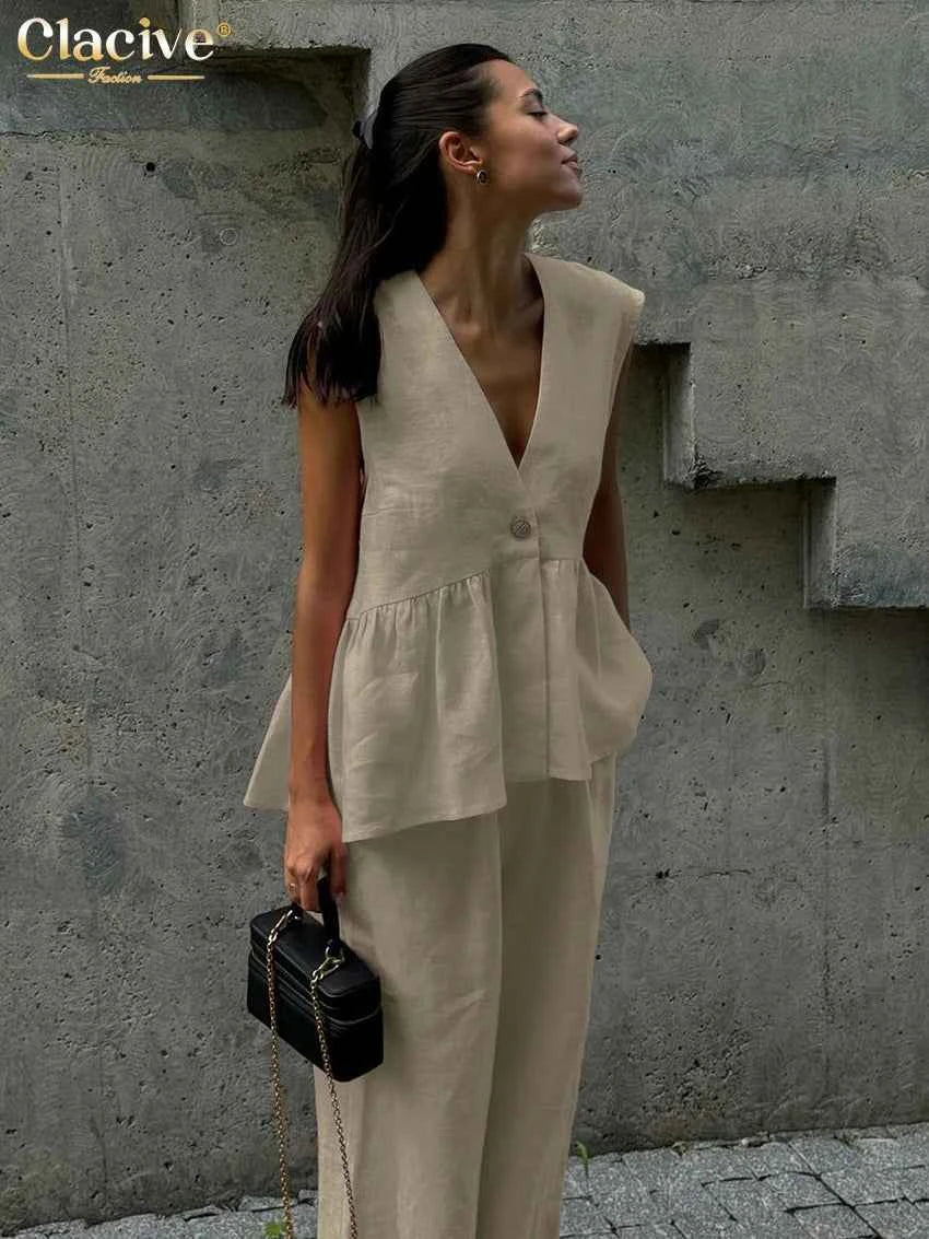 Clacive Summer Loose Pink Cotton 2 Piece Set Women Outfit 2025 Fashion Sleeveless Tank Top With High Waist Wide Pants Set Female