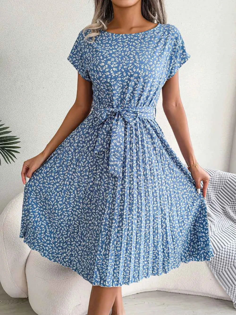 Ficusrong Fashion Floral Pleated A Line Long Dress Women Spring Summer Short Sleeve High Waist Chic Dress