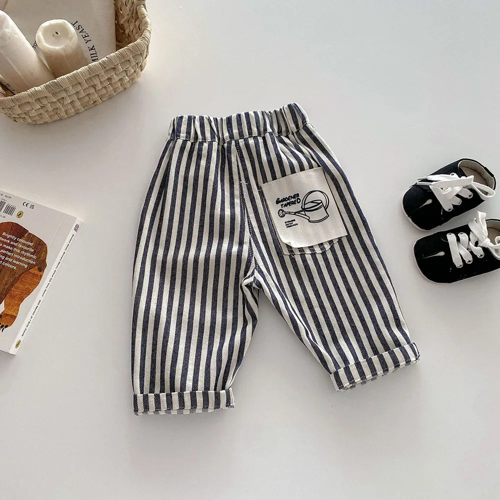 New Autumn Kids Tapped Casual Striped Pants 0-5T Girls Boys Fashion Stripe Trousers Children Solid Denim Jeans Britches