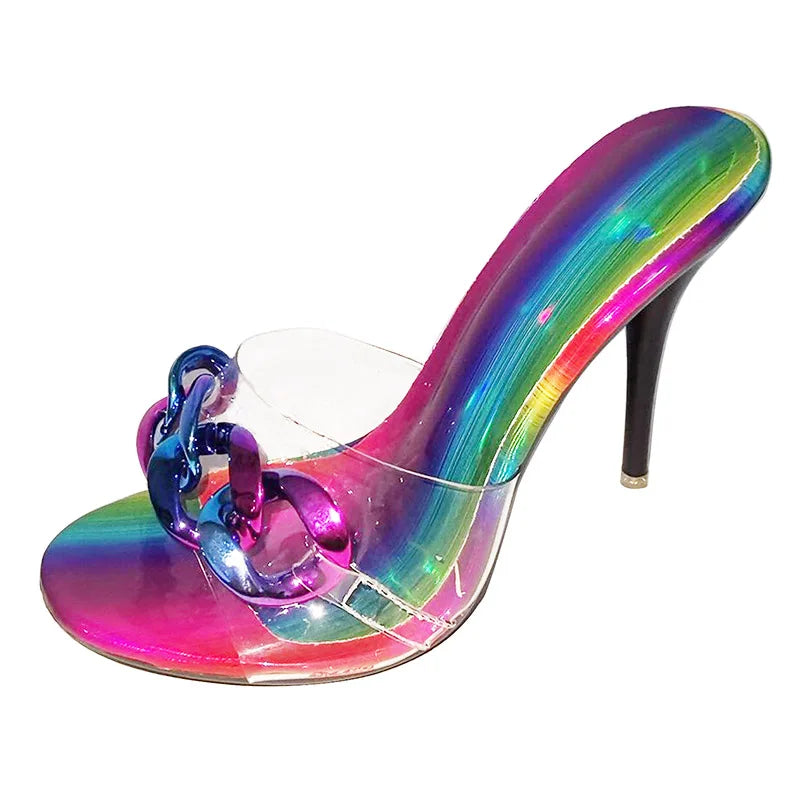 2022 New Diamond Chain Women Pumps Slippers Thin High Heels Party Shoes Fashion Solid Color Summer Dress Sandals Shallow Mouth