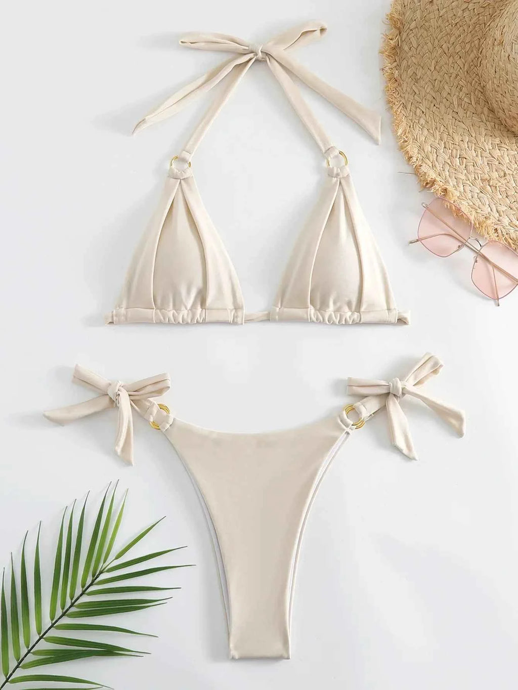 Micro Bikini Sexy Women Swimsuit 2024 Solid Beige Halter Ring Linked Push Up Mini Bikinis Summer Bathing Suit Thong Swimwear