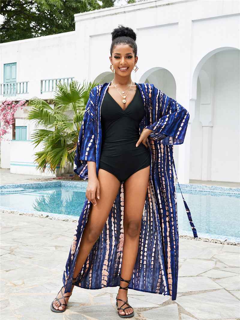 Long Kimono Swimsuit Cover up for Women Stylish Tie Dye Open Front Beach Outfits Bathing Suit