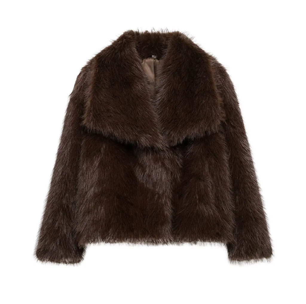 KONDALA Casual Brown Thick Fur Jackets Women Long Sleeve V Neck Autumn Winter Faux Fur Coats Fashion 2025 Streetwear Outwears