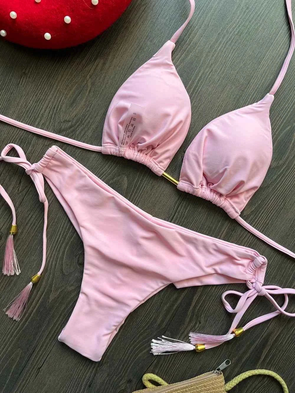 2024 sexy women bikini, brazilian triangle bikini, push-up swimsuit, metal chain beach bikini