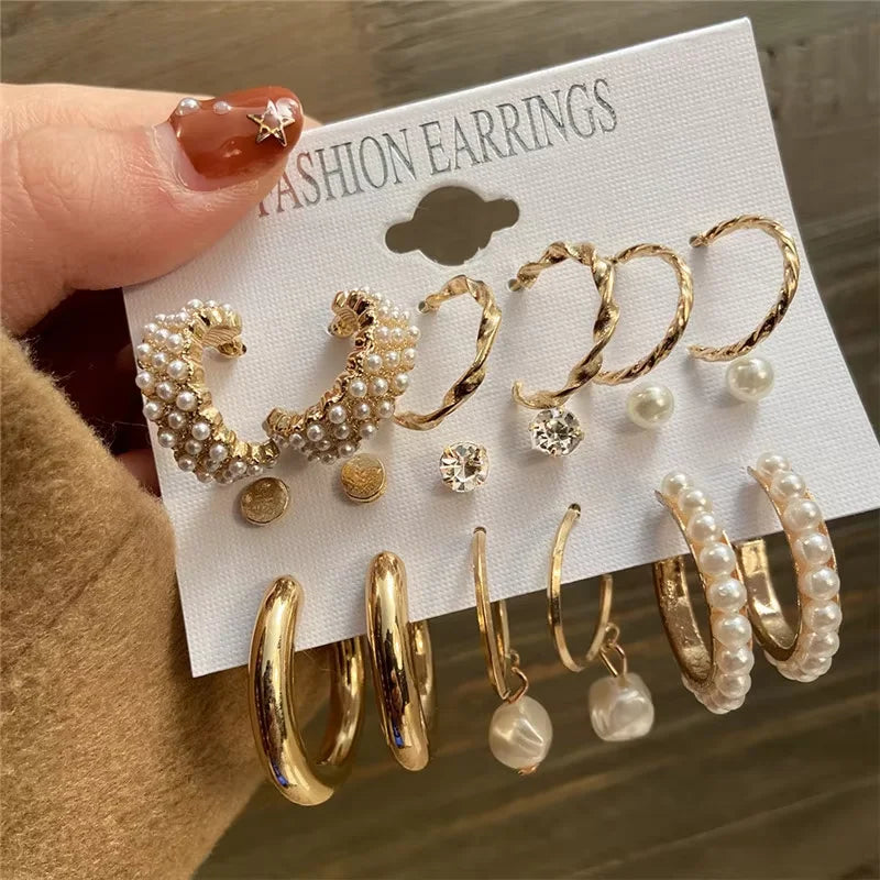AYA52544 Metal Color Geometric Hoop Earrings Set for Women Vintage Boho Style