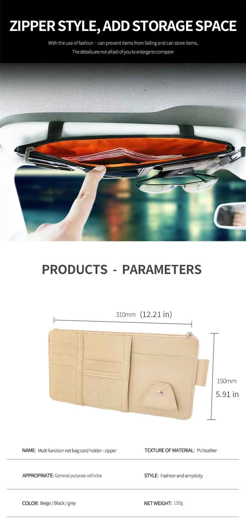 Car Sun Visor Organizer Storage Travel Document Holder With Multi-Pocket PU Leather Cards Receipts Pouch With Zip