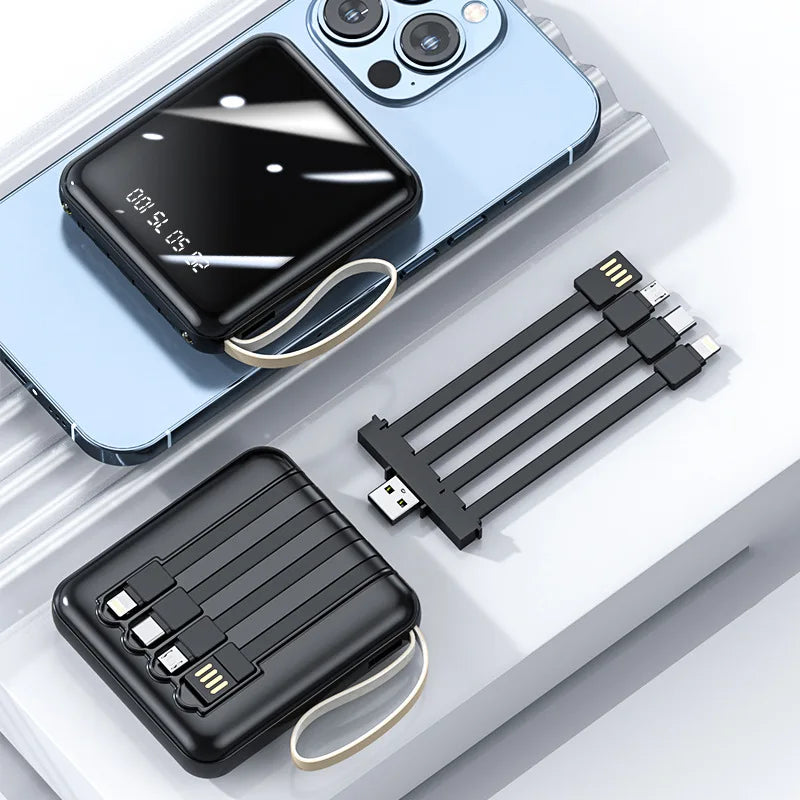 BLACK 2 Color Mini Power Bank 20000mAh – 4 Built-In Cables & Display