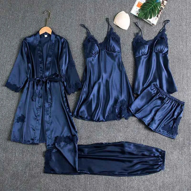 Customizable Sleepwear Female 5PCS Pajamas Set Satin Pyjamamas Lace Bridal Wedding Nightwear Rayon Home Wear Nighty&Robe Suits