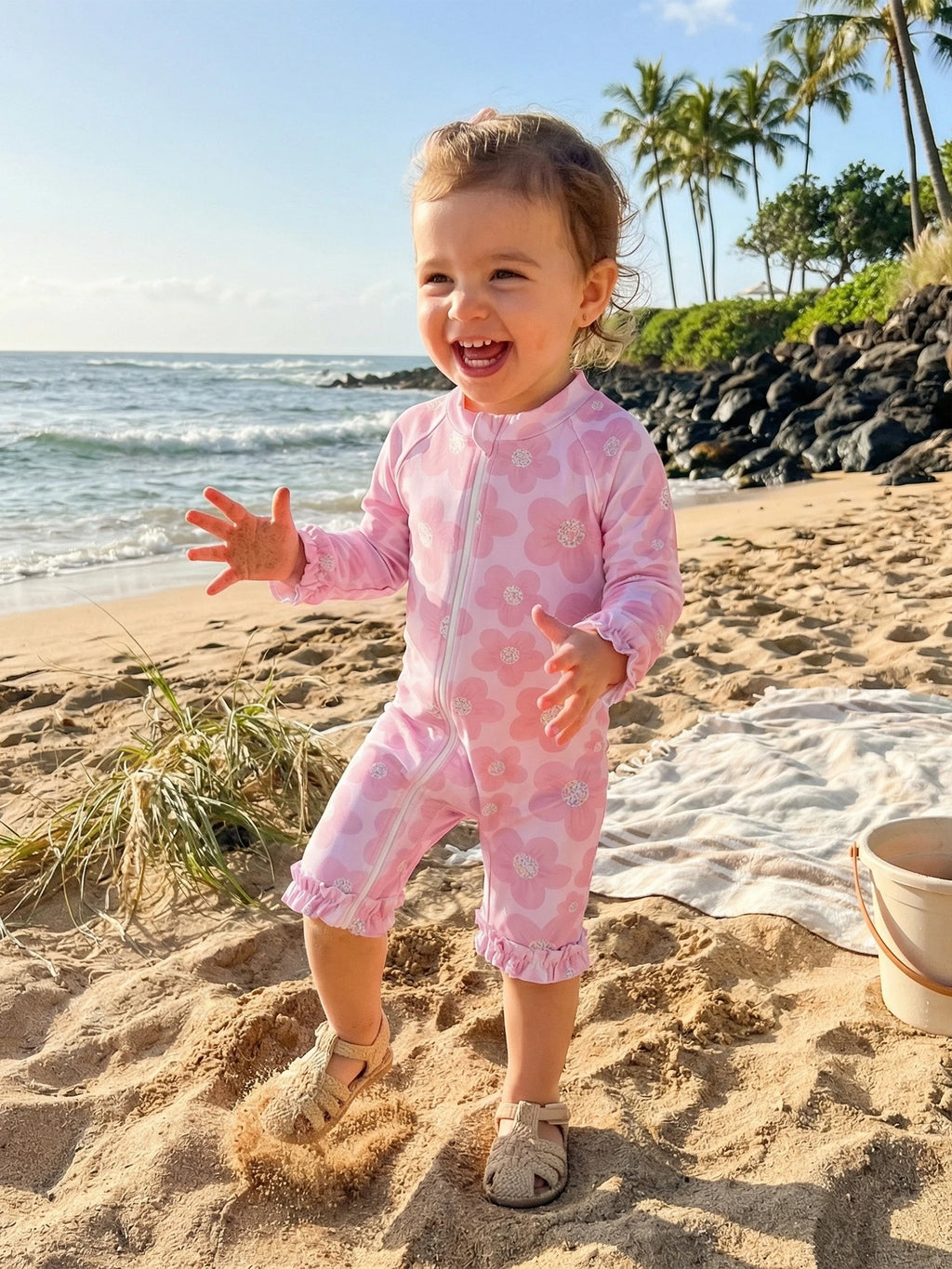 Toddler Baby Girl Summer Rash Guard Swimsuit Solid Color Print Long Sleeve Round Neck Romper Swimwear for Pool Beach