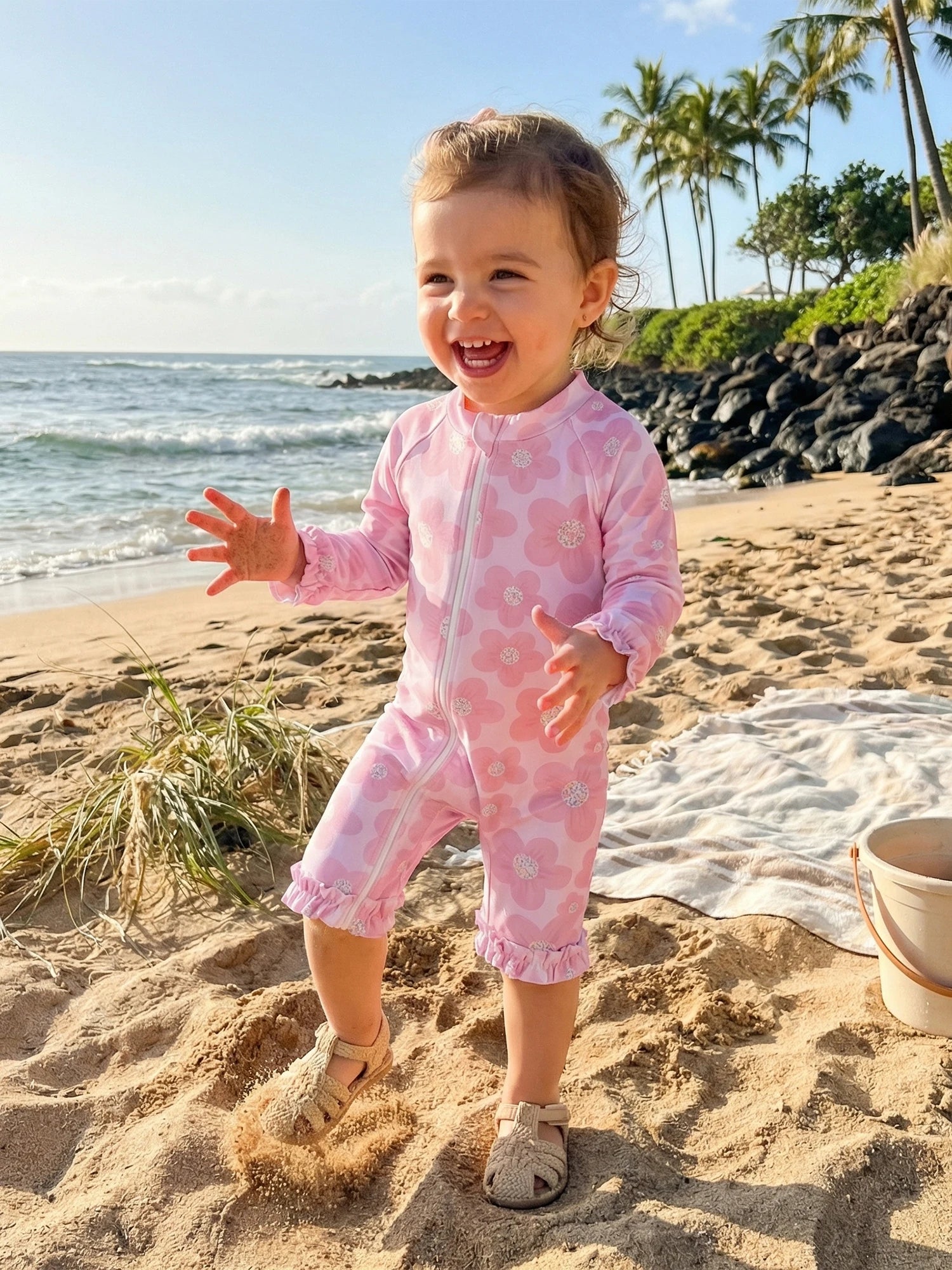 Toddler Baby Girl Summer Rash Guard Swimsuit Solid Color Print Long Sleeve Round Neck Romper Swimwear for Pool Beach