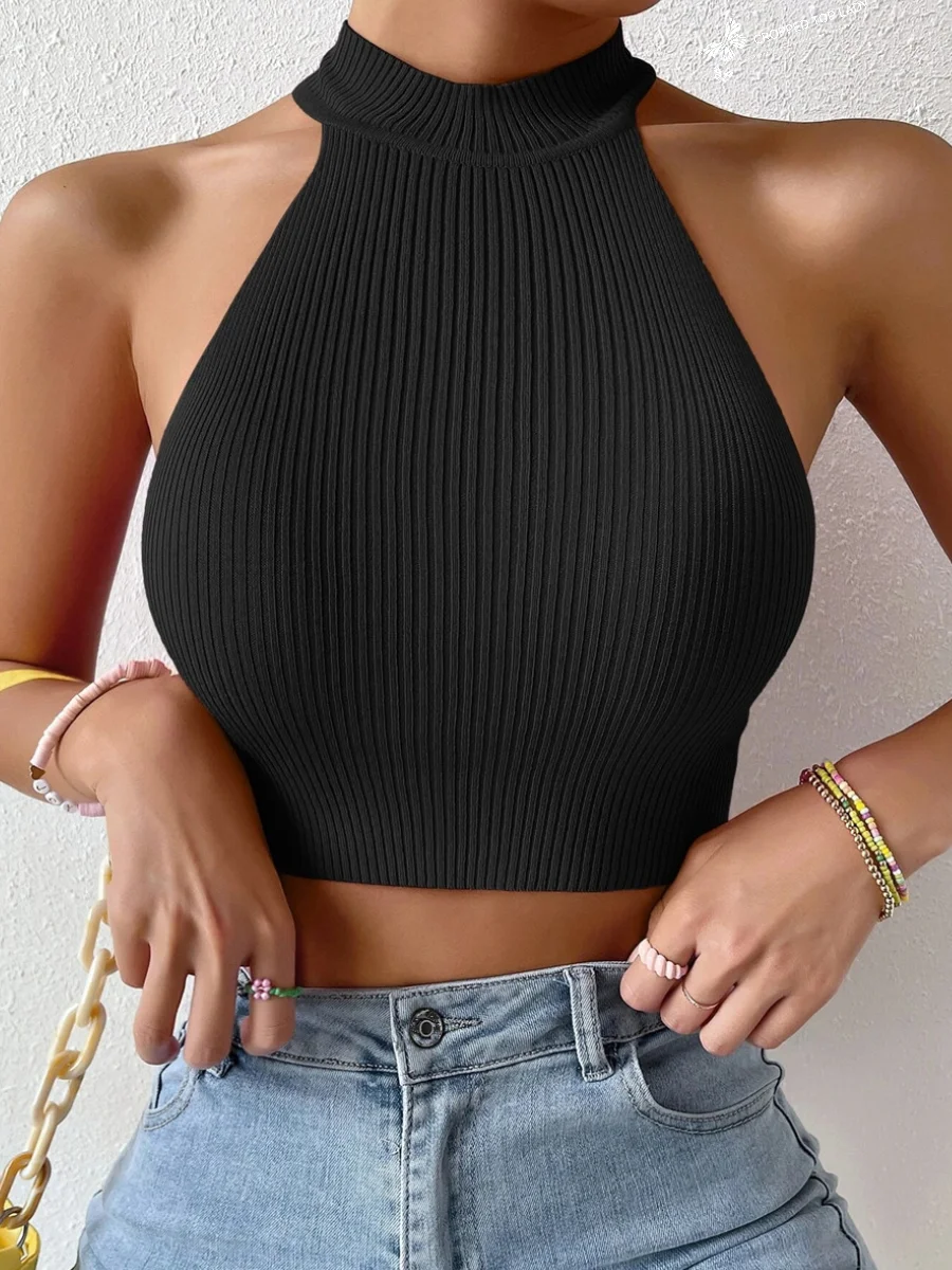 2026 Summer Fashion Women Basics Casual Knit Sleeveless Corset Halter Crossfit Crop Top Y2k Clothes Femme Stretch Sweater Tank