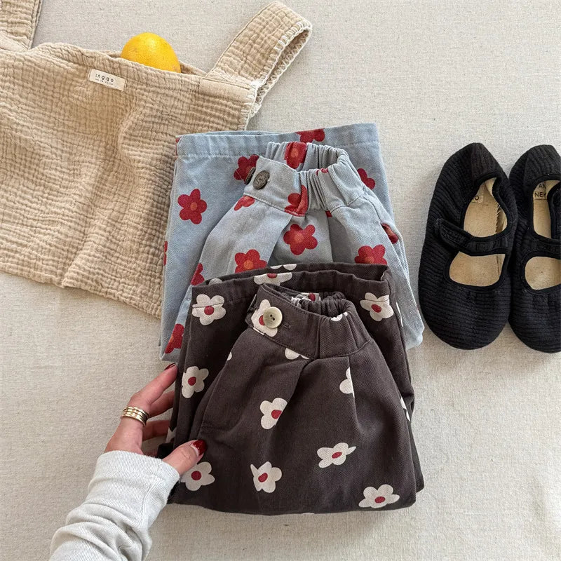 2026 Spring New Children Casual Pants Fashion Flower Print Girls Harem Pants Cotton Kids Loose Trousers Boys Cute Baby Clothes