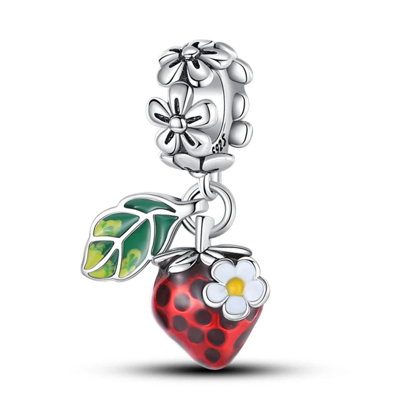 New 925 Silver Color Strawberry Cherry Fruit Series Charms Beads Fit 3mm 925 Original Bracelets DIY Birthday Jewelry Gifts