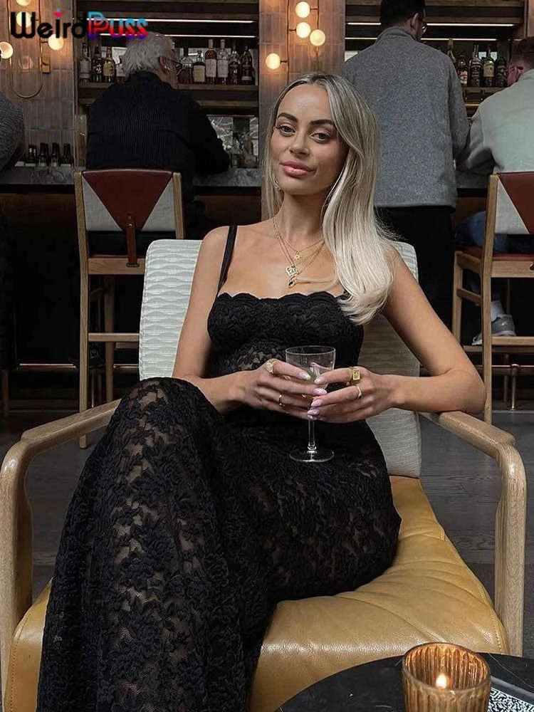Weird Puss Lace Black Women Maxi Dress See Through Sleeveless Ladies Sexy Coquette Nightclub Party Bodycon Slim Fit Vestidos