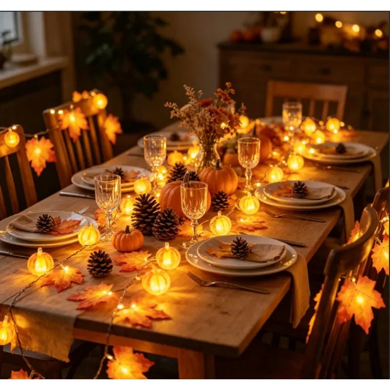 Indoor Home Autumn Harvest Festival Decor 1PC 3D Pumpkin & Maple Leaves String Lights Halloween Thanksgiving Decor Lamp