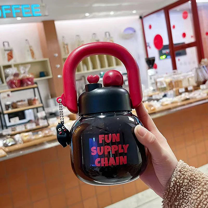 Cute Water Bottle with Decoration, Dual Straws Design, Anti-Lipstick Stain, Detachable Travel Strap Durable Plastic Material