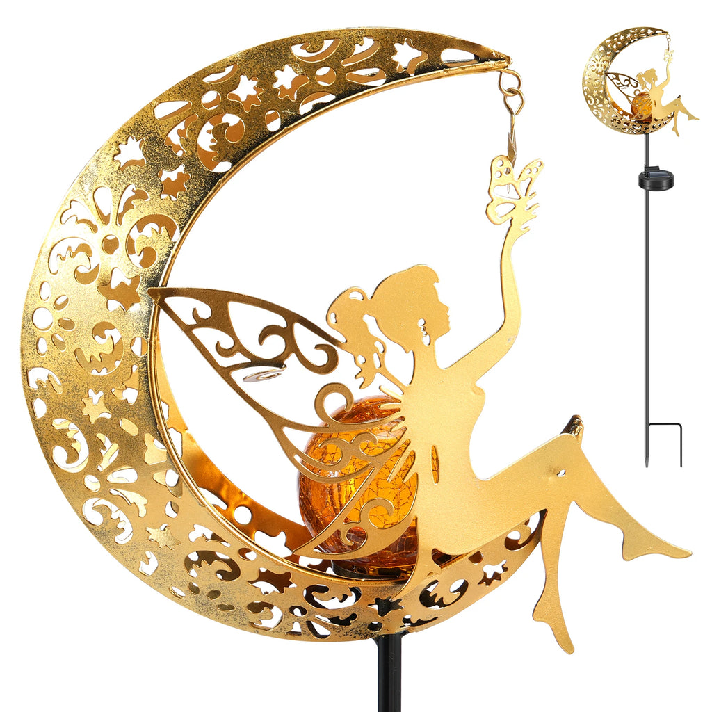 Solar Garden Lights Moon Fairy Crackle Glass Stake Lights Waterproof Warm White LED Metal Decorative Lights Outdoor Pathway