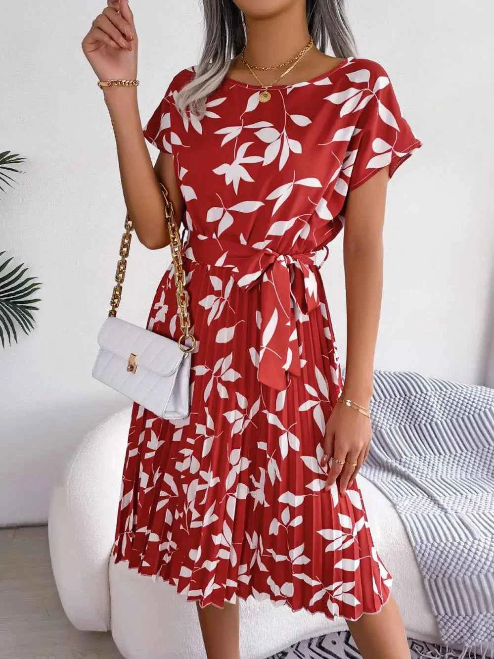 Ficusrong Fashion Floral Pleated A Line Long Dress Women Spring Summer Short Sleeve High Waist Chic Dress