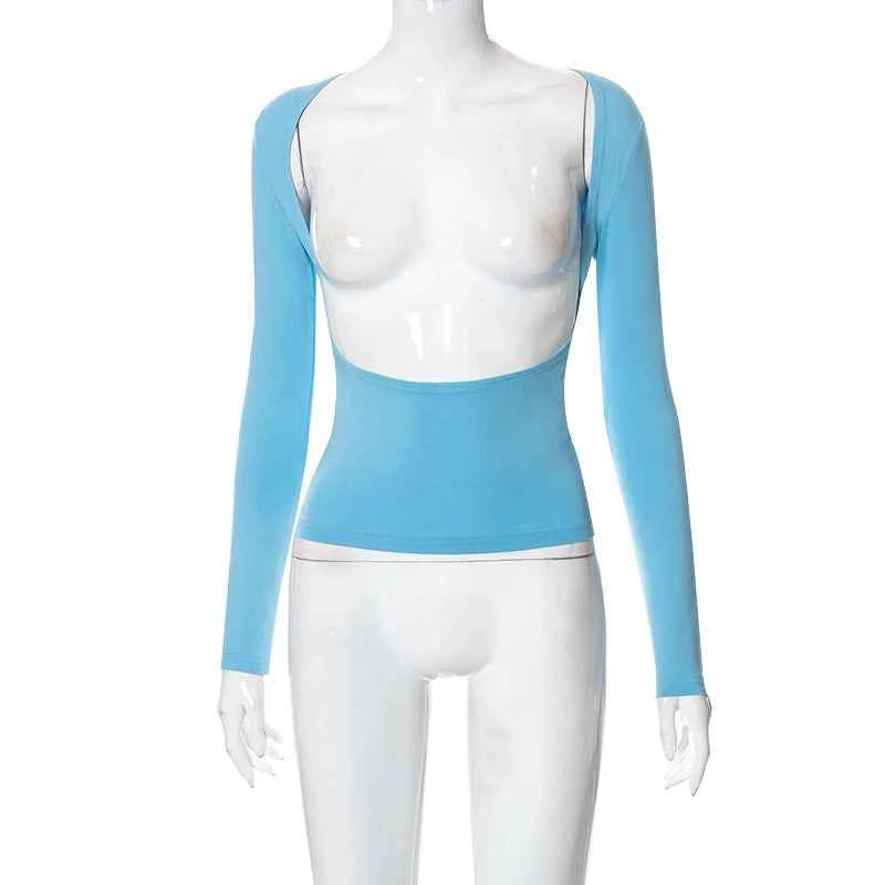 Backless Short Sleeve Blue Y2K Crop Top Women Casual O Neck  Summer T Shirts Sexy Vintage Cut Out
