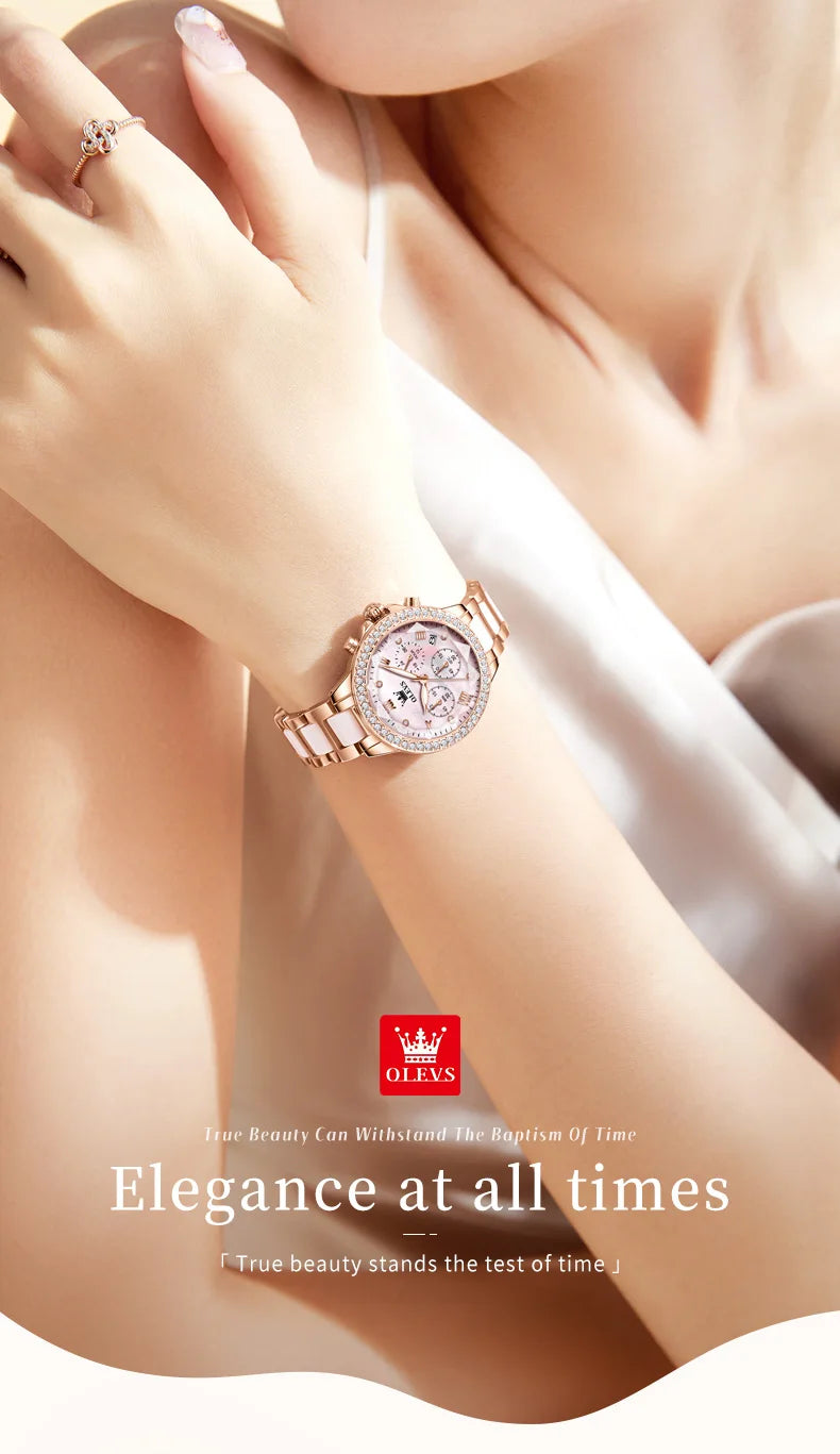 OLEVS 9999 Women Watch Brand Original Elegant Waterproof Chronograph Luxury Ceramic Dress Pink Women Quartz Watch Reloj Mujer