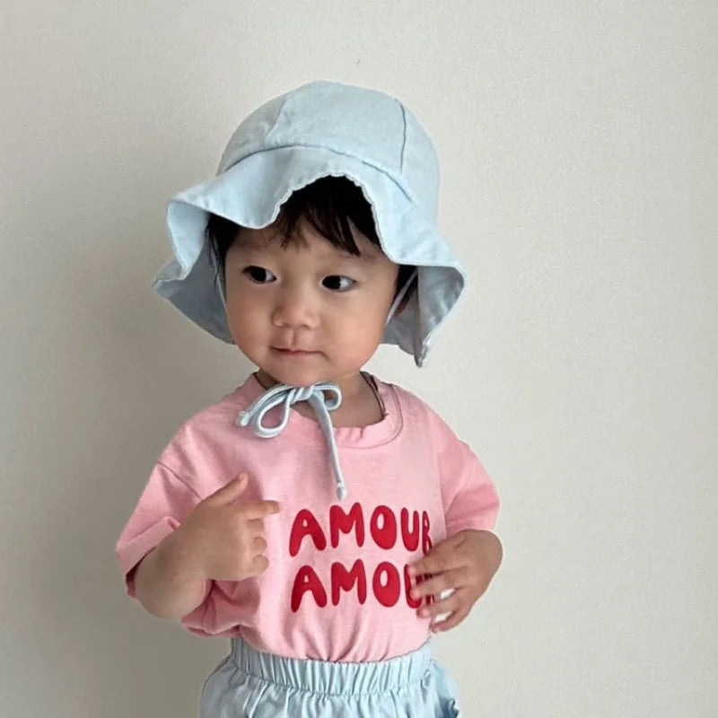 Summer Korean Style Kids T-Shirt Letter Print Cotton Short Sleeve Children Top Solid Color Thin Soft Clothes for Boys Girls