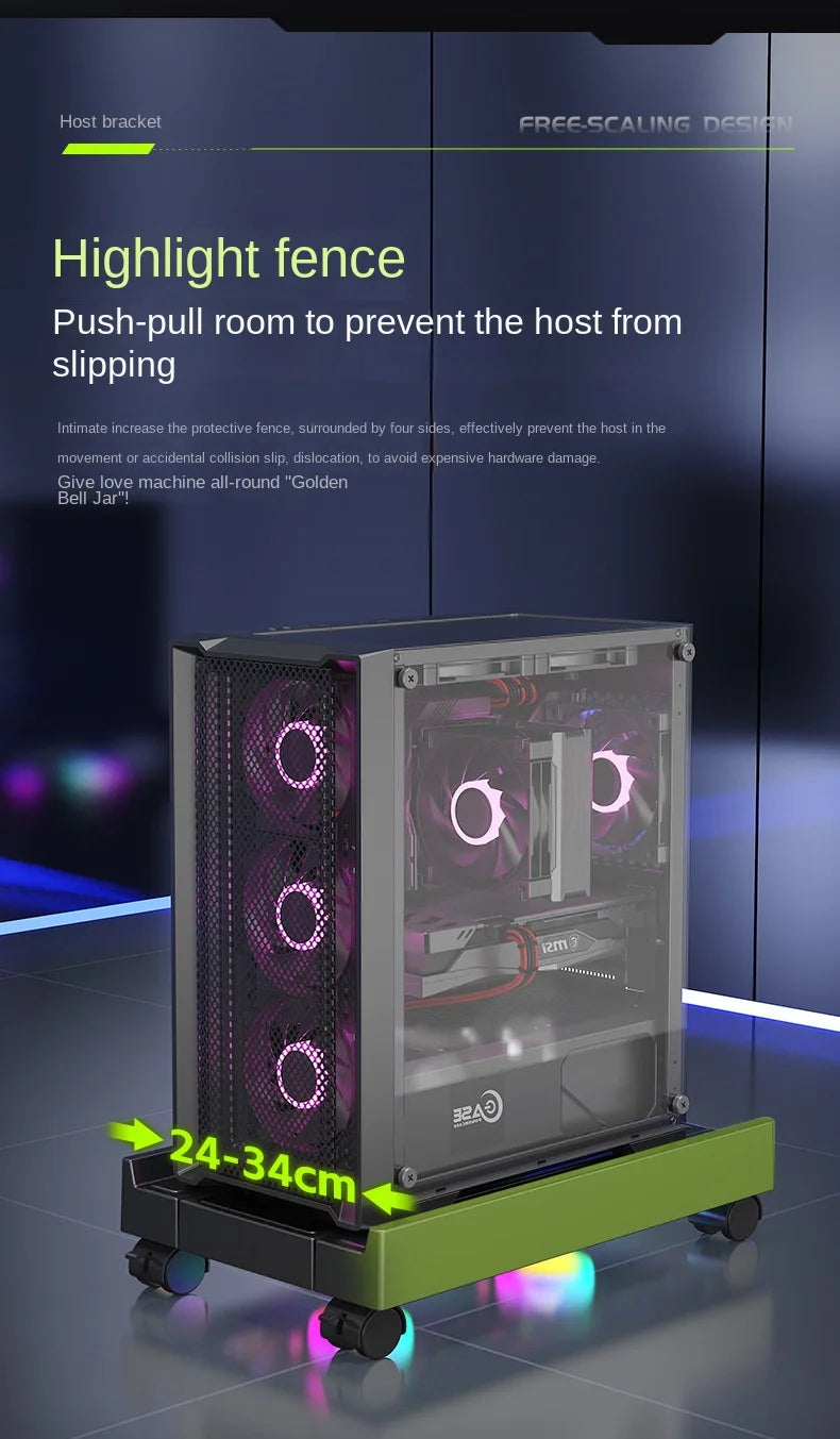 Mobile PC Tower Stand Adjustable Computer CPU Holder Telescopic Desktop Stand CPU Cart with RGB Cooling Fan Heat Dissipation