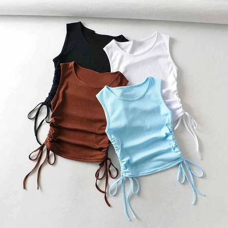 2025 Summer NEW Arrival Women Solid Color Sexy Causal Crop Top With String Both Side Club For Fashion Ladies