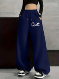 Women's Plus-size Street Style Casual Sweatpants with Personality Print Autumn and Winter Fleece Loose Fit Streetwear Oversized