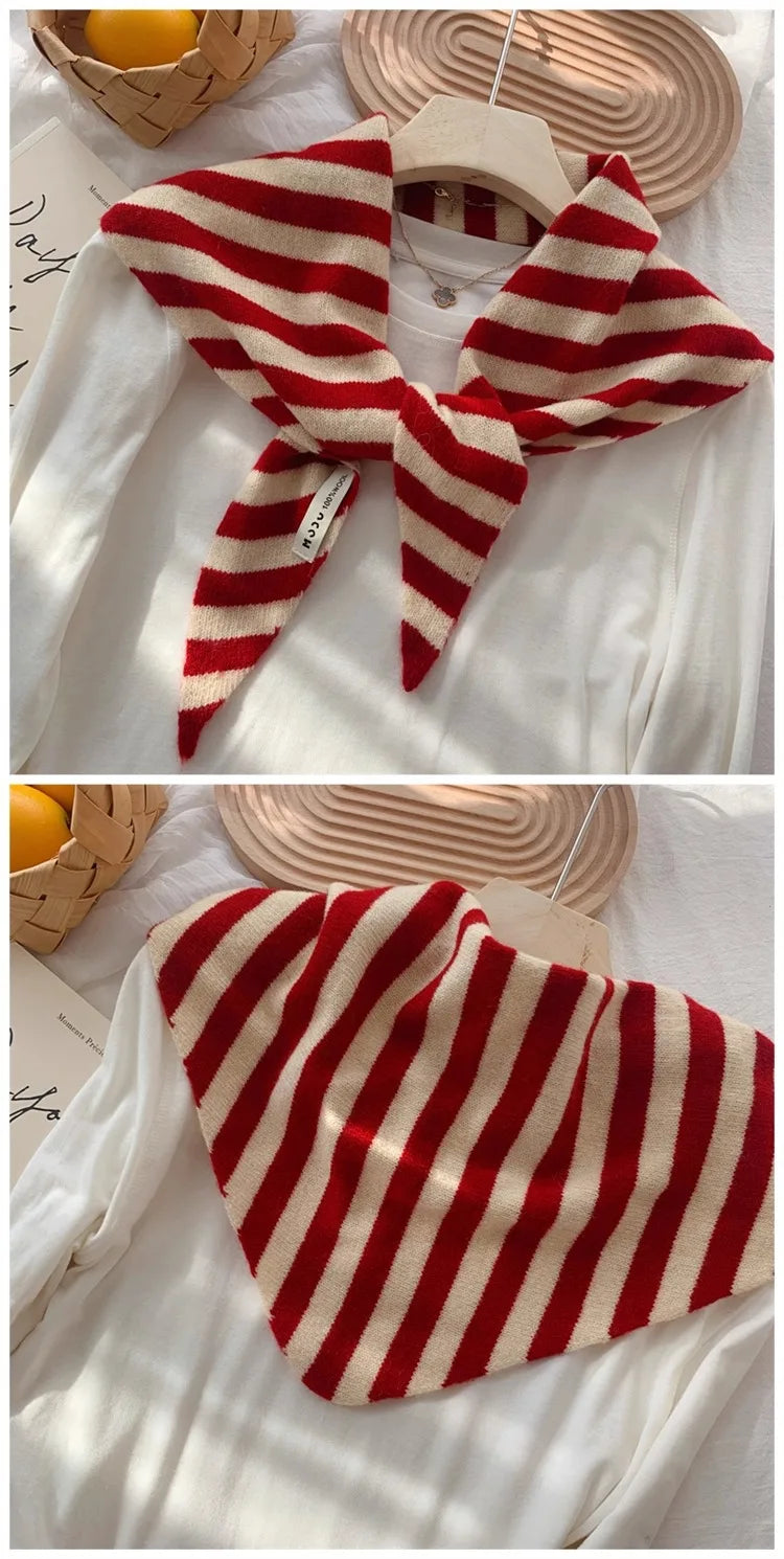 Korean Stripe Triangle Scarf 100% Wool Triangular Scarf Men Women British Niche Headscarf Knitted  Multi-functional Warm Scarf