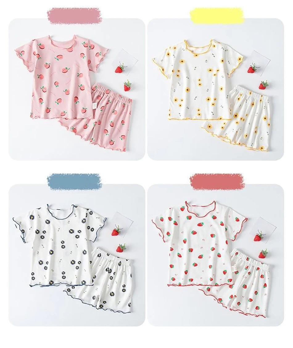 Baby Girl Strawberry Pajamas Set Summer Short Sleeve Thin Two Piece Toddler Kids Sleepwear Infant Home Wear Clothes